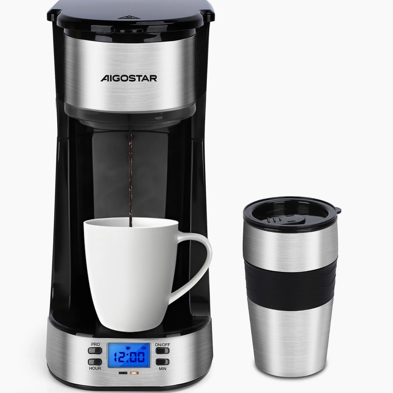 Aigostar - Cafetière Filtre avec 1 tasse isotherme Programmable 24h, Affichage LCD, Machine à café avec Gobelet de voyage de 420 ml et filtre à café réutilisable, 700W, Noir