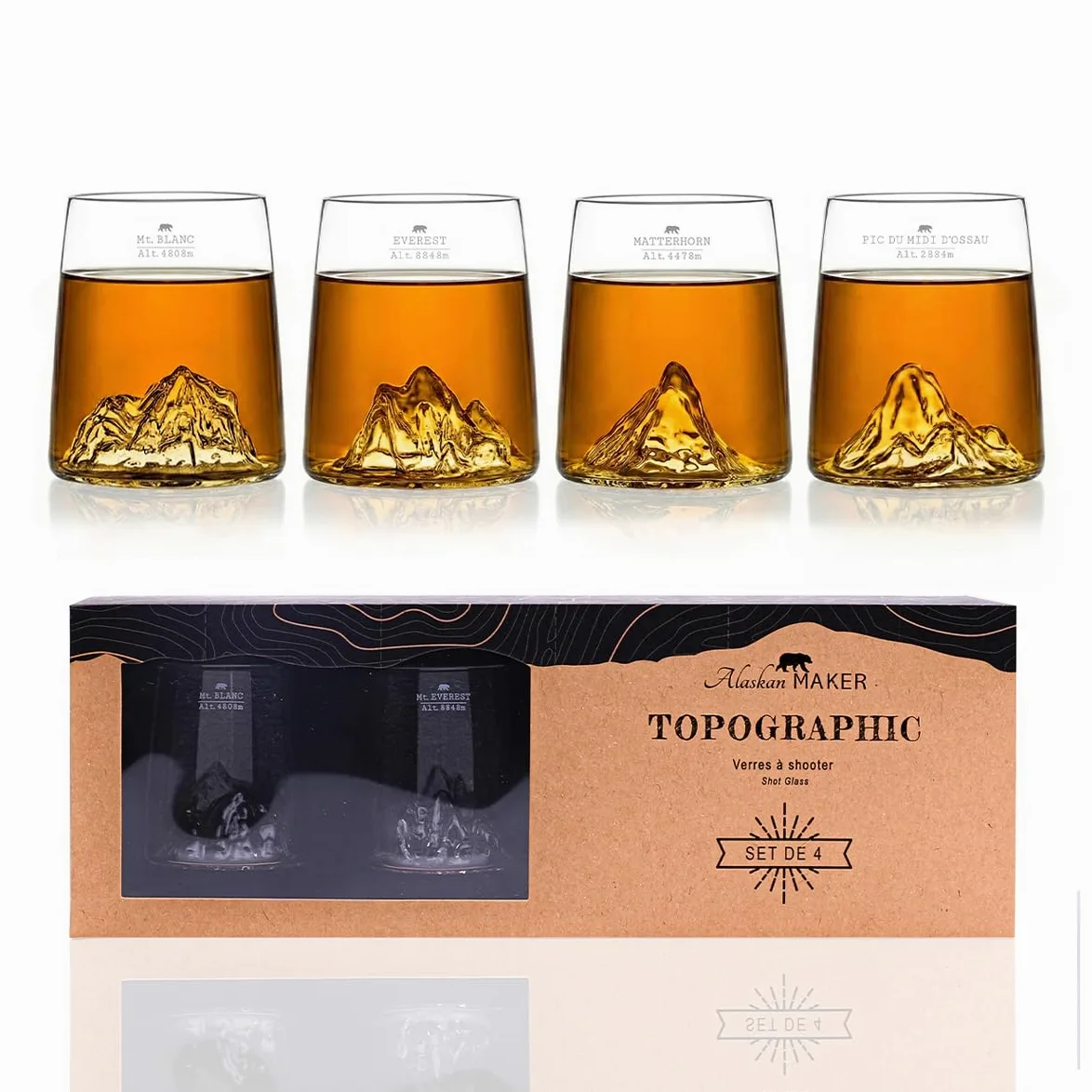 Alaskan MAKER Coffret de 4 shooters 6.5 cl - Borosilicate de qualité supérieure, soufflés artisanalement avec montagnes en relief | TOPOGRAPHIC (Everest, Mont Blanc, Pic du Midi & Matterhorn)