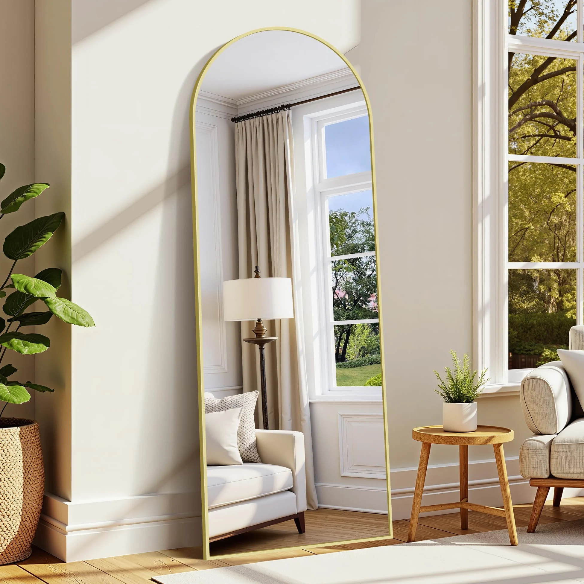WOLIBEER Miroir sur Pied 179 x 65 cm, Grand Miroir Arqué en Pleine Longueur avec Cadre en Aluminium Doré, Miroir Mural sur Pied pour Salle de Bain, Chambre à Coucher, Entrée, Couloir, Vanité
