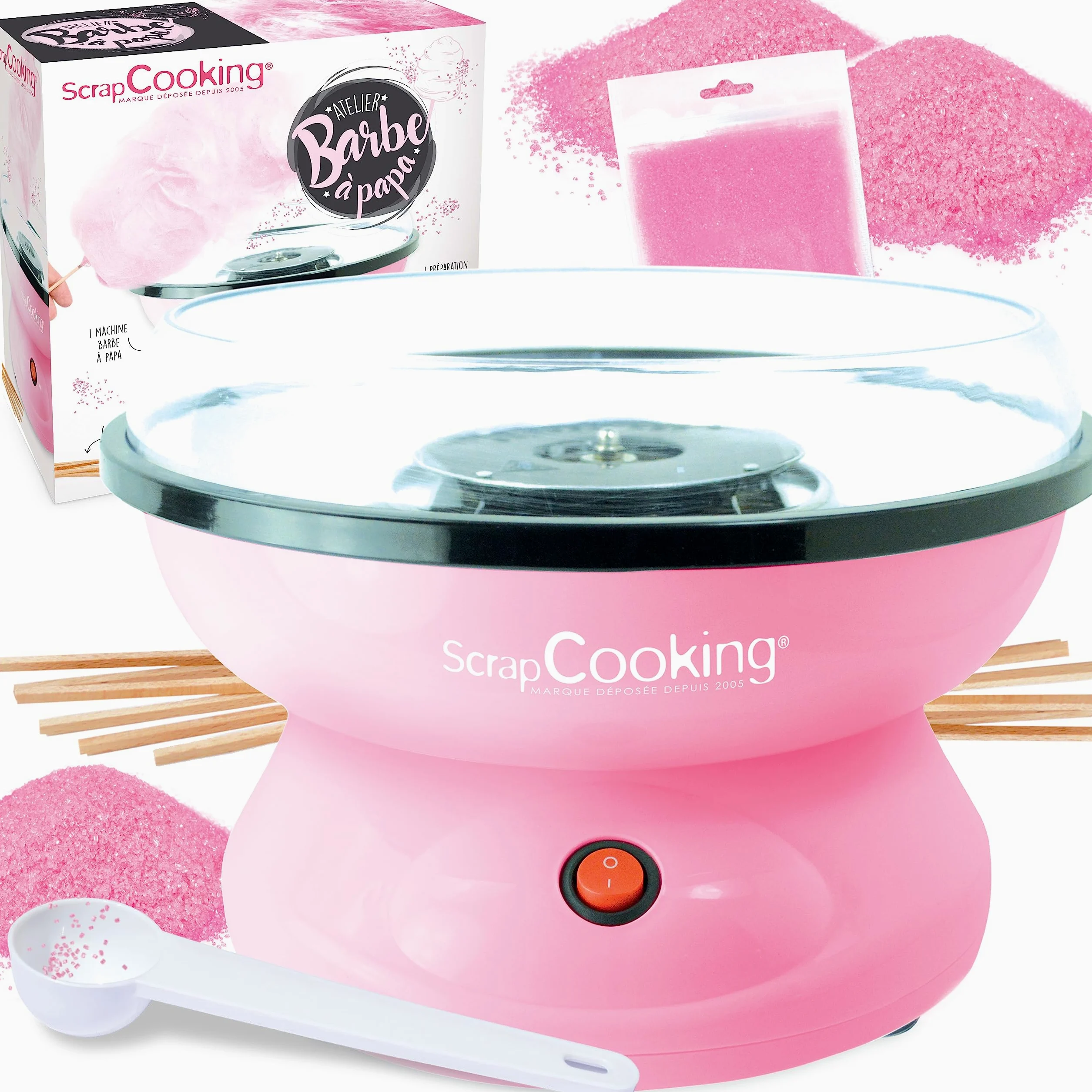 ScrapCooking - Machine Barbe à Papa - Kit Complet pour faire Barbes à Papa Maison : Avec Sucre, Bâtonnets & Cuillère Mesure - Atelier Barbe à Papa - Appareil Électrique Anniversaire - Rose - 3900
