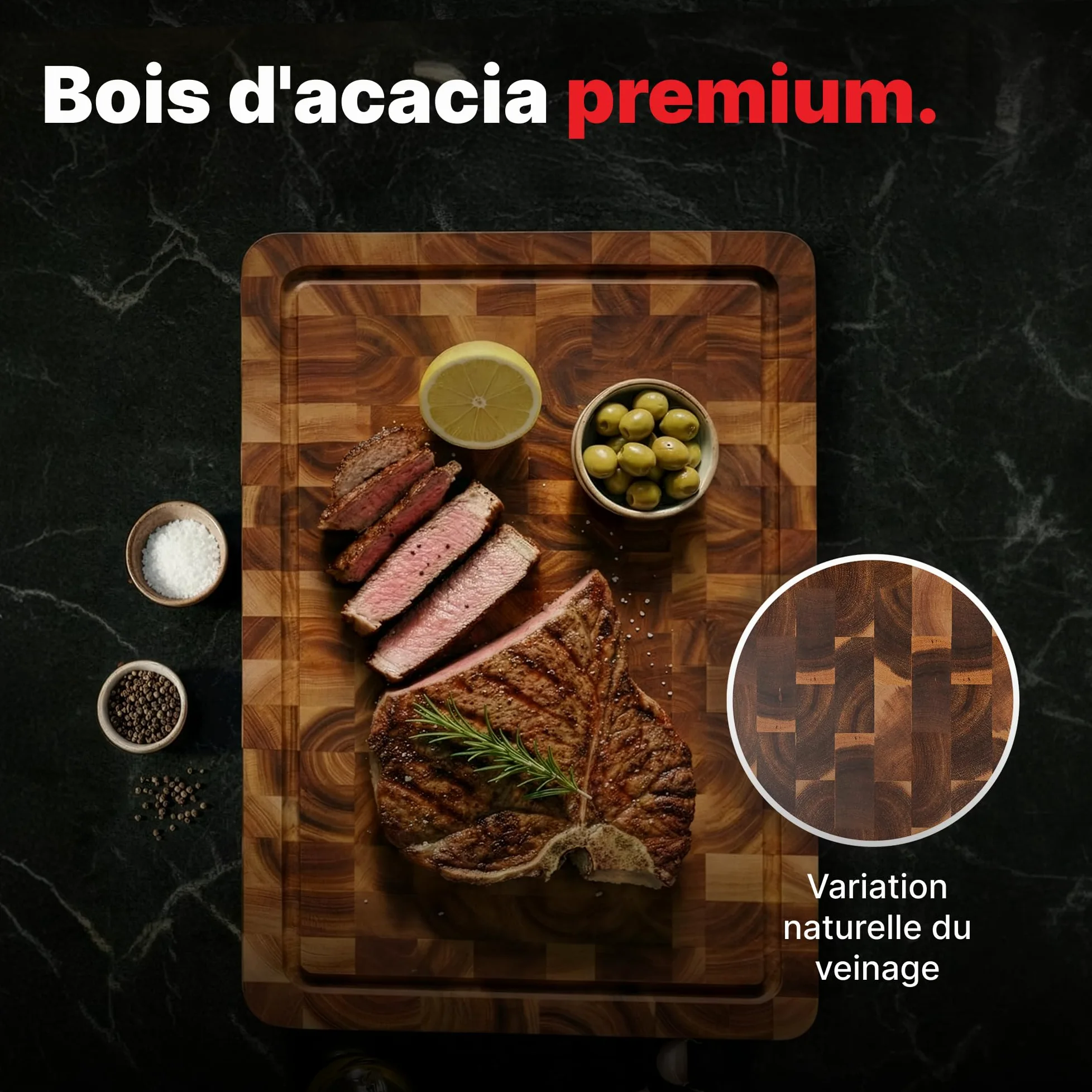 Matakumi Planche à Découper Bois - Planche de Cuisine en Bois d’Acacia avec Poignées Latérales, Rigole à Jus et Bois de Bout pour Préserver les Lames de Couteaux - Double Face (40 x 30 x 3 cm)