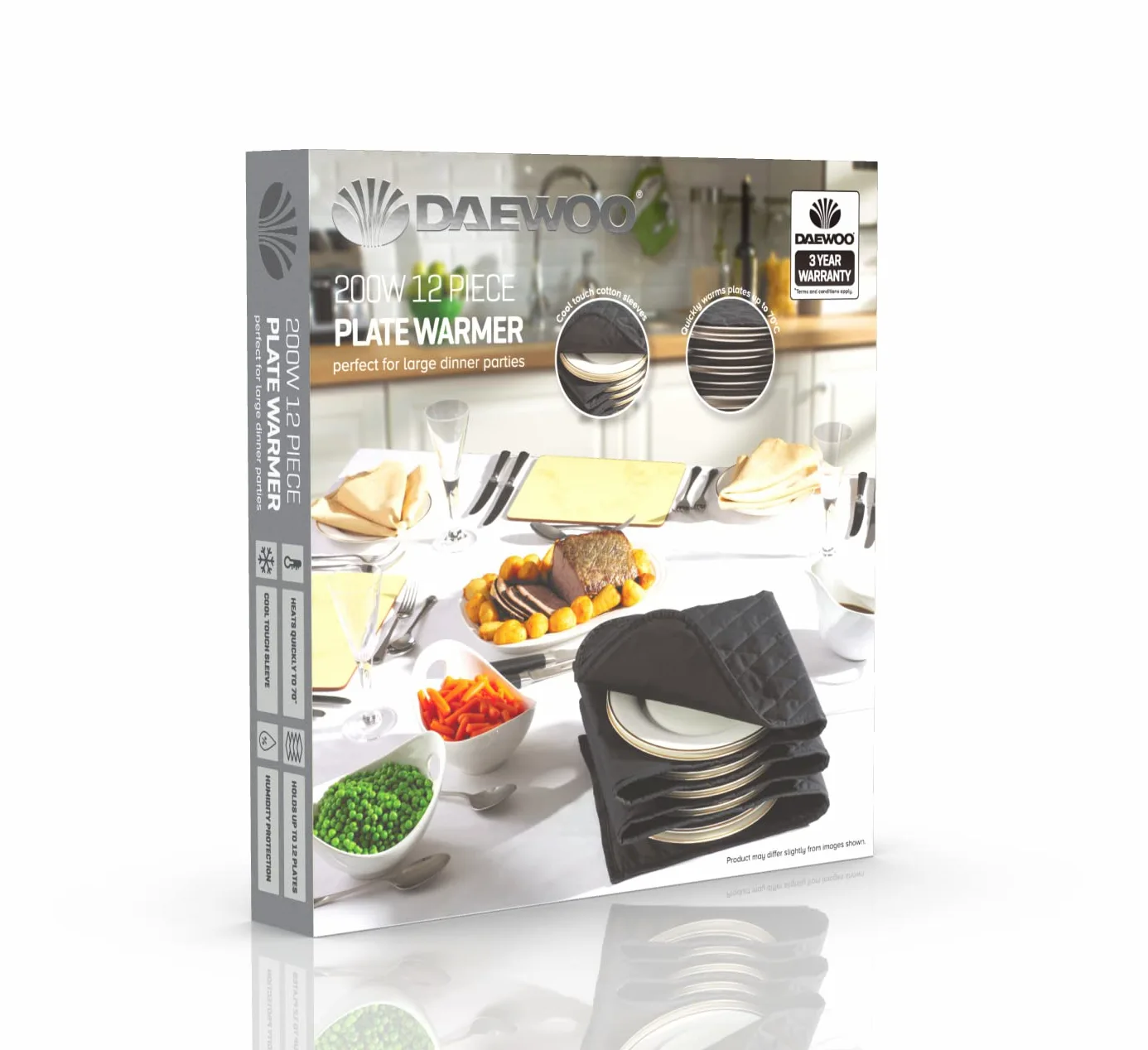 Daewoo Chauffe-assiettes électrique de 200 W, double isolation, chauffe rapidement jusqu'à 12 assiettes plates, fonction de protection contre la surchauffe, idéal pour les dîners, les dîners de Noël,