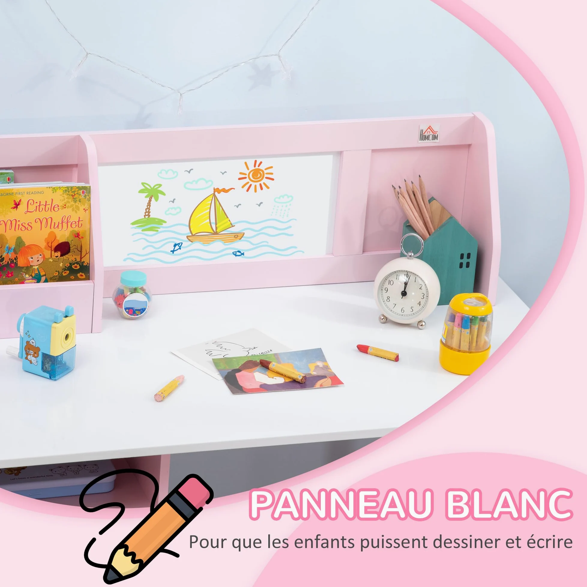 HOMCOM Ensemble Table et Chaise pour Enfant avec Tableau Blanc - Bureau pour Enfant +5 Ans 90L x 45l x 85H cm Rose
