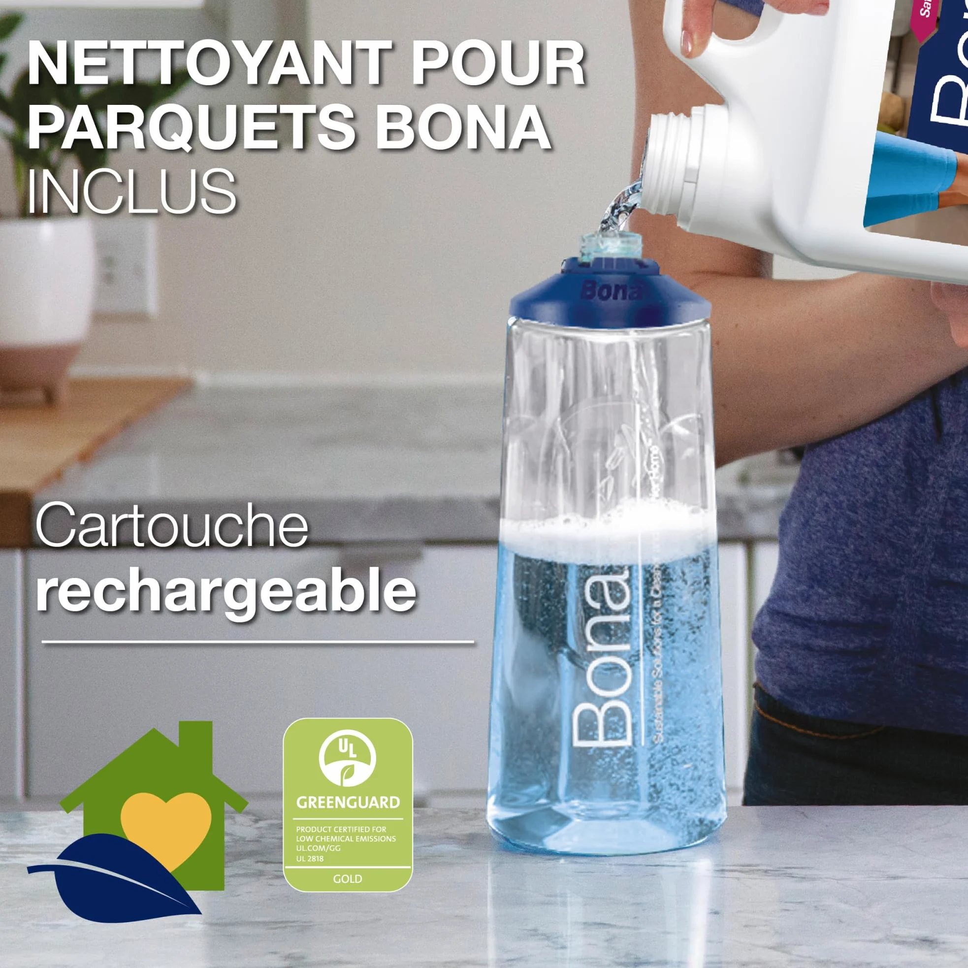 Balai Spray avec Reservoir - Bona + 850 ML Nettoyant Parquets + 2 Pads en Microfibre - Balai Serpillère Vaporisateur - Kit Nettoyage Sol - Balai Serpillere Professionnel, Bleu