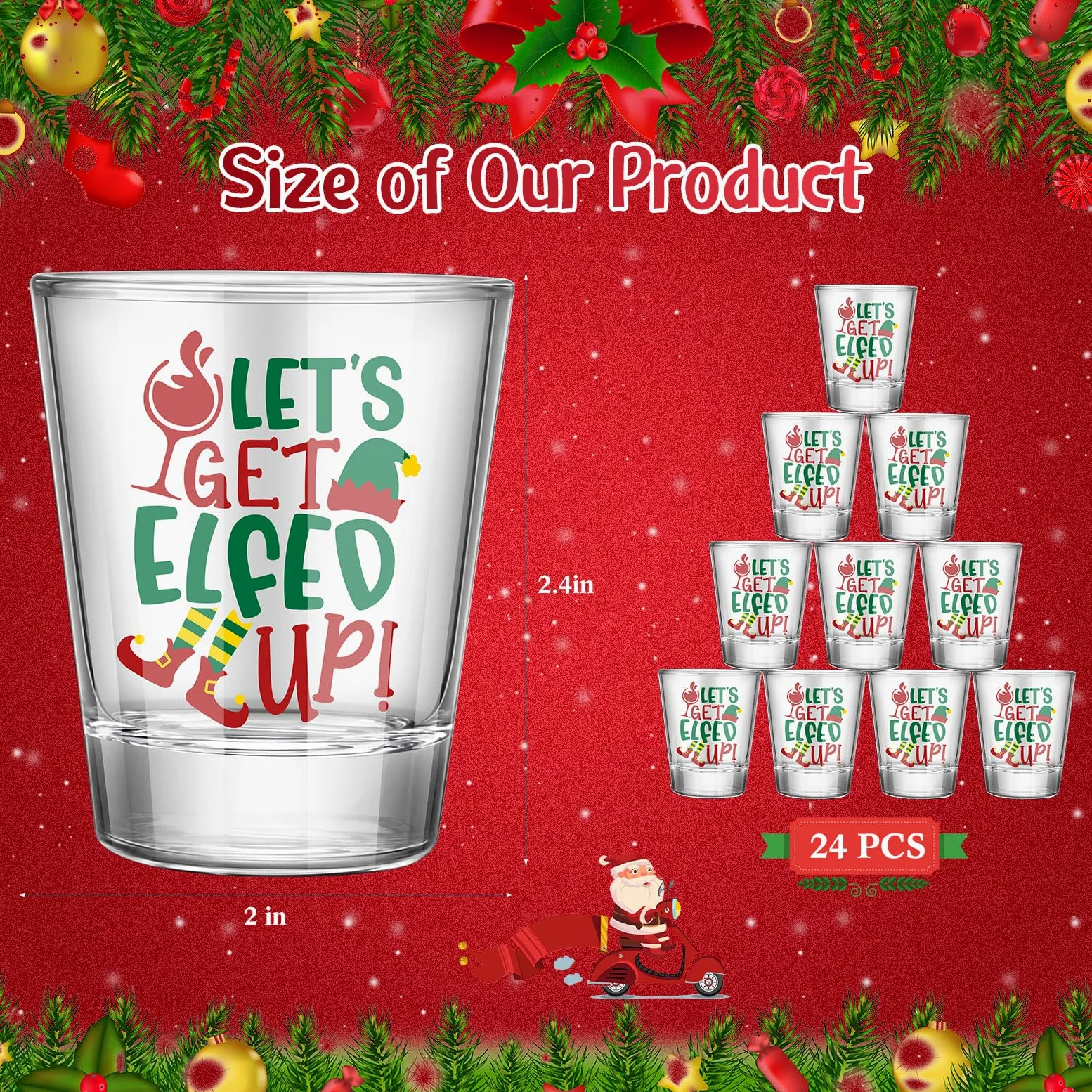 Tioncy Lot de 24 verres à shot transparents de Noël de 56,7 g avec impression « Happy Holiday » - Verres à cocktail amusants et cool pour décoration de table de Noël - Cadeau amusant