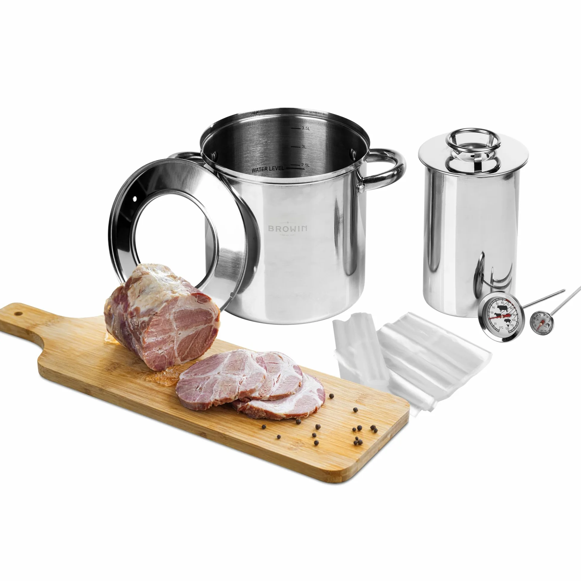 Browin 313016 Kit Complet de 1,5 kg de Réchaud à Jambon Manteau d'eau, avec un Pot de Thermomètre | Pour la Cuisson du Jambon à la Maison | 18/8 en Acier Inoxydable, Argenté