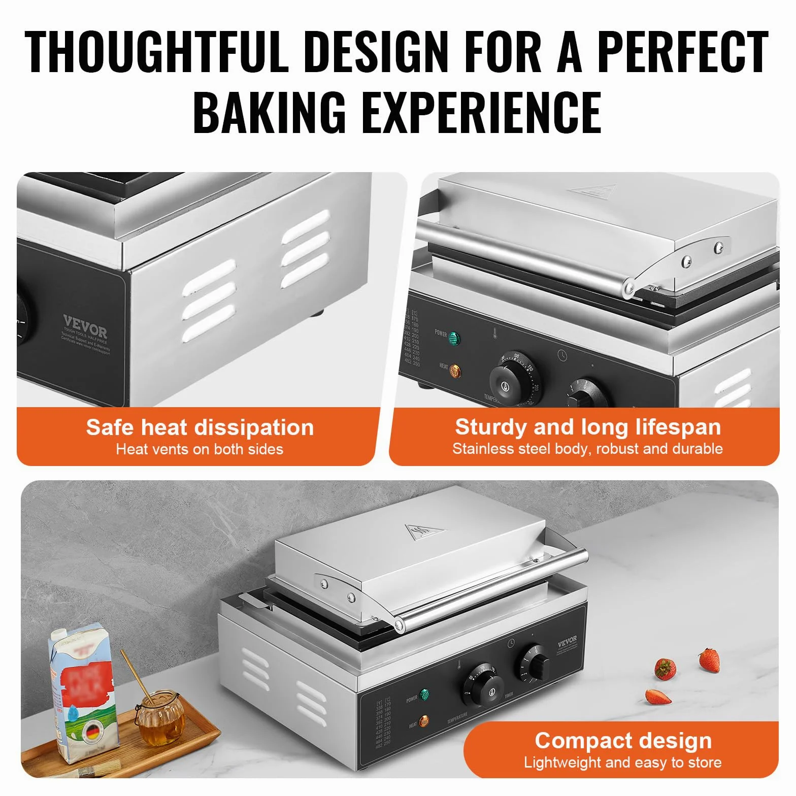 VEVOR Gaufrier Commercial 1550 W, Appareil à Gaufres Belges Rectangulaires, Capacité 10PCs, en Acier Inoxydable, Antiadhésif, avec Contrôle de la Température et du Temps, Boulangerie, Snack-bar