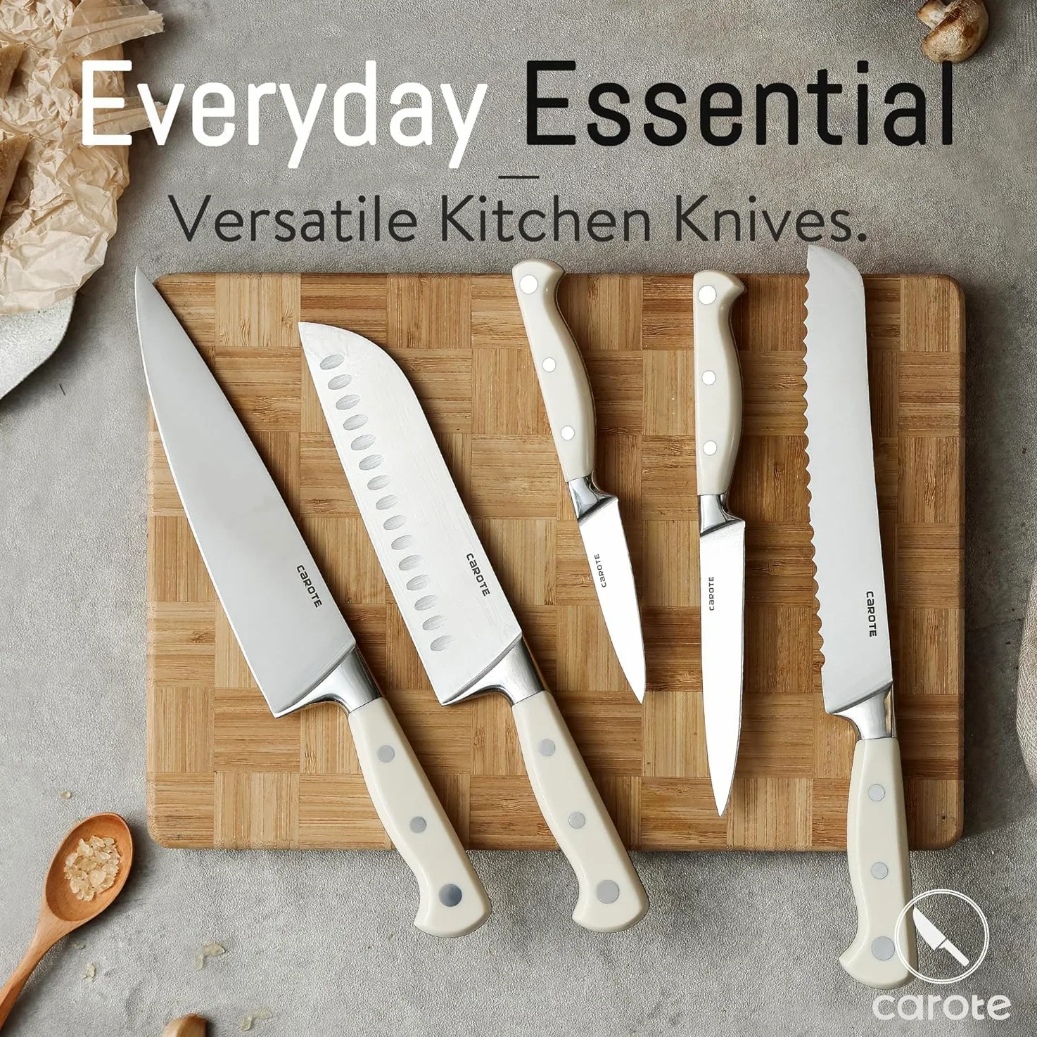 CAROTE 14 Pièces set Couteau Cuisine Professionnels en Acier Inoxydable, avec Bloc Couteaux en Bois, Compris Couteaux à Steak, Couteau de Chef,etc