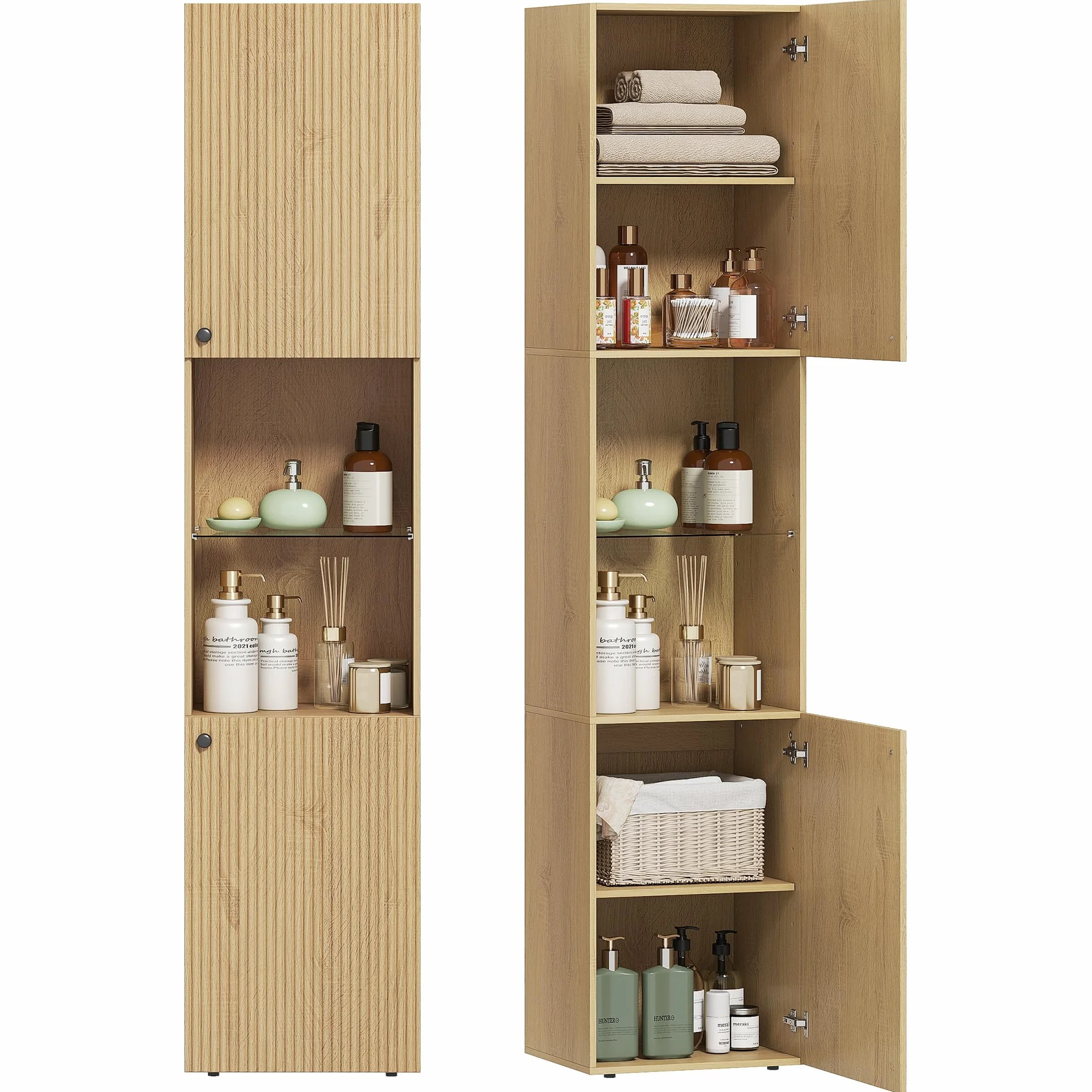 HOMCOM Meuble Colonne Salle de Bain, Meuble de Rangement étroit 6 Niveaux, 2 Portes, Compartiments Ouverts, étagère Verre trempé, étagères réglables, pour Toilette, Petits espaces, 40x31x182cm, chêne