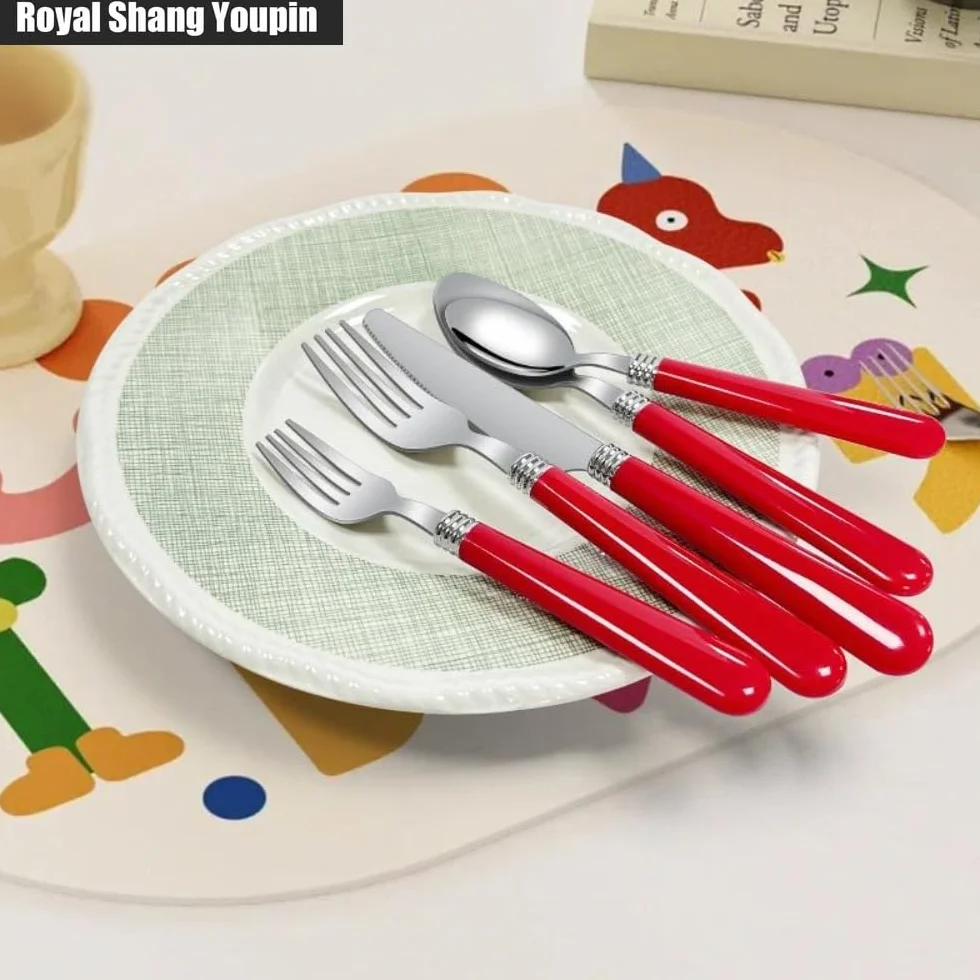 Poignée en Plastique Épaissie Cuisine Acier Inoxydable Argenterie Vaisselle Couverts Ensemble De Couverts Couteau À Steak Fourchette Cuillère Cuillère À Café (Blanc,20 pièces)