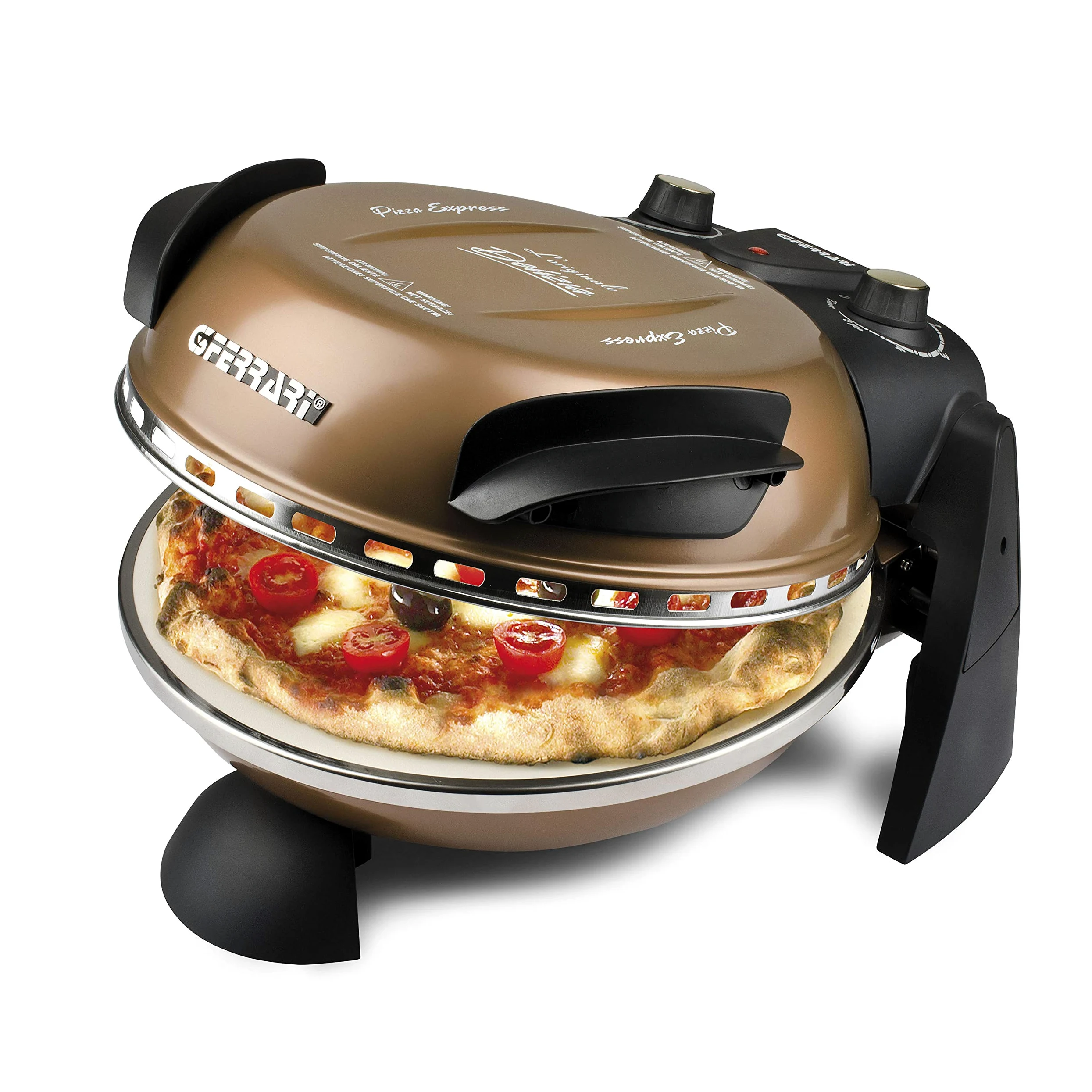 G3 Ferrari G10006 Pizza Exprimer Plaisir, Four Pizza, 1200 W, 400°C, Pierre Réfractaire (diamètre 31 cm), Minuteur 5', Livre de Recettes inclus, Cuivre