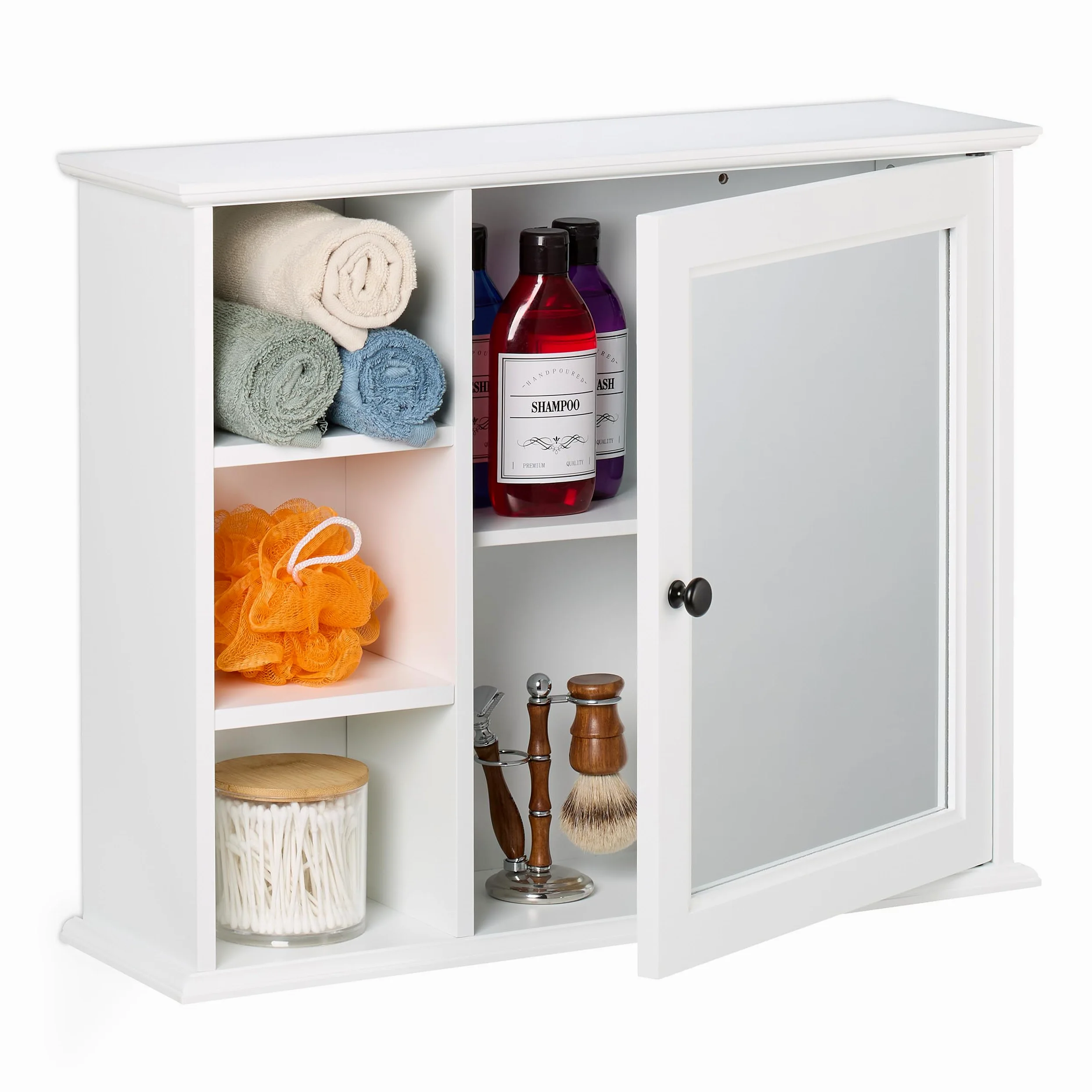 Relaxdays Armoire de Salle de Bain, Miroir, 3 étagères Ouvertes, 2 Compartiments, HxLxP : 48 x 60 x 18 cm, Blanche