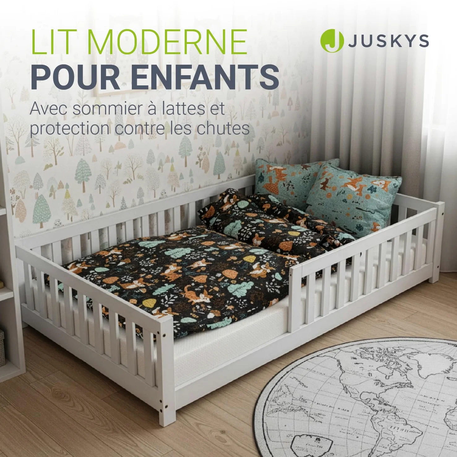 Juskys Lit au Sol Enfant Naya 120x200 cm avec Barrière de Sécurité et Sommier à Lattes, Lit à barreaux Montessori en Bois Massif Pin pour Enfants et Adolescent, Blanc