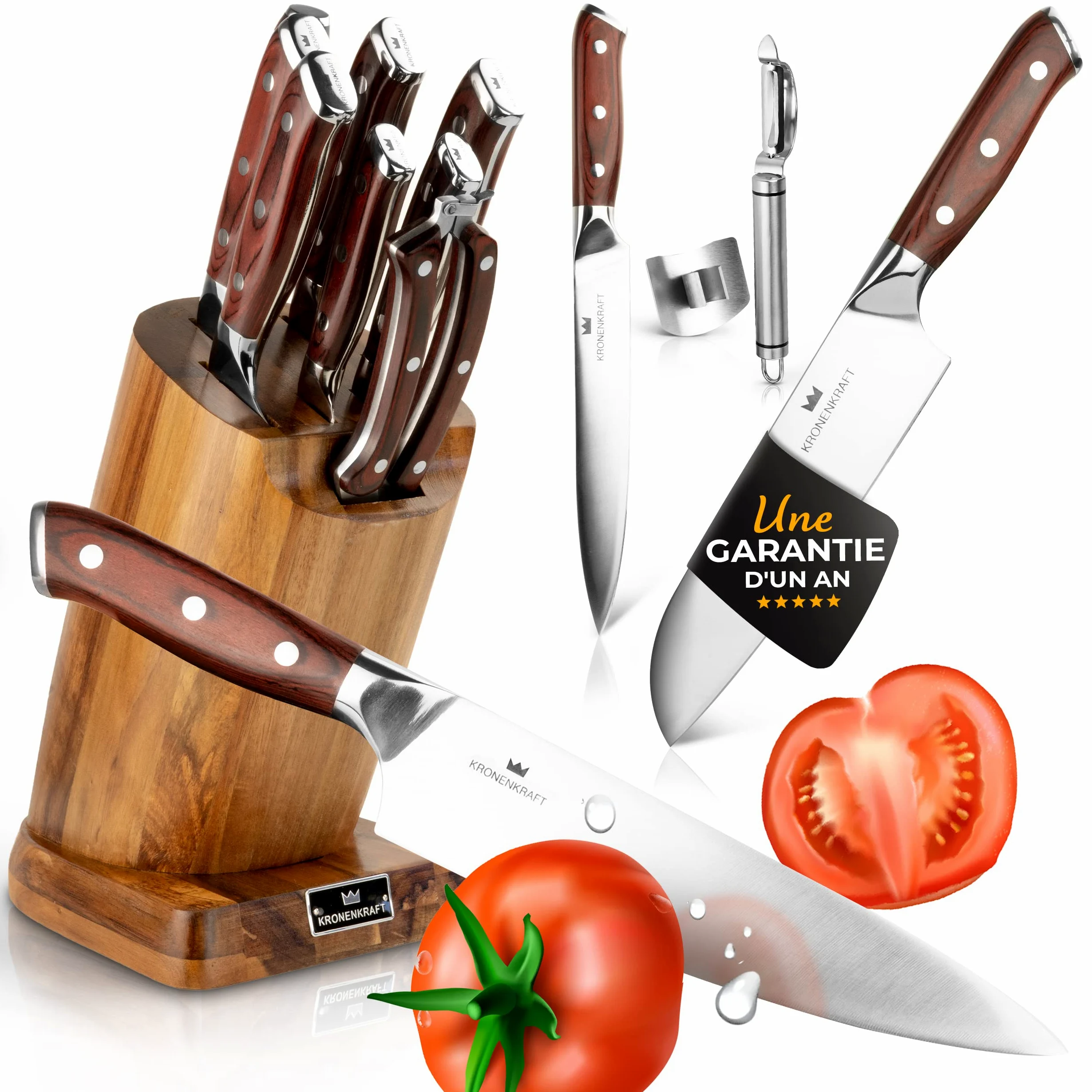 Set de Couteaux KRONENKRAFT® de 9 Pièces - Inclut Couteau de Chef, Couteau Santoku, et Plus - Fabriqué en Acier Allemand, Manche en Bois Pakka - Idéal pour Cuisine Professionnelle