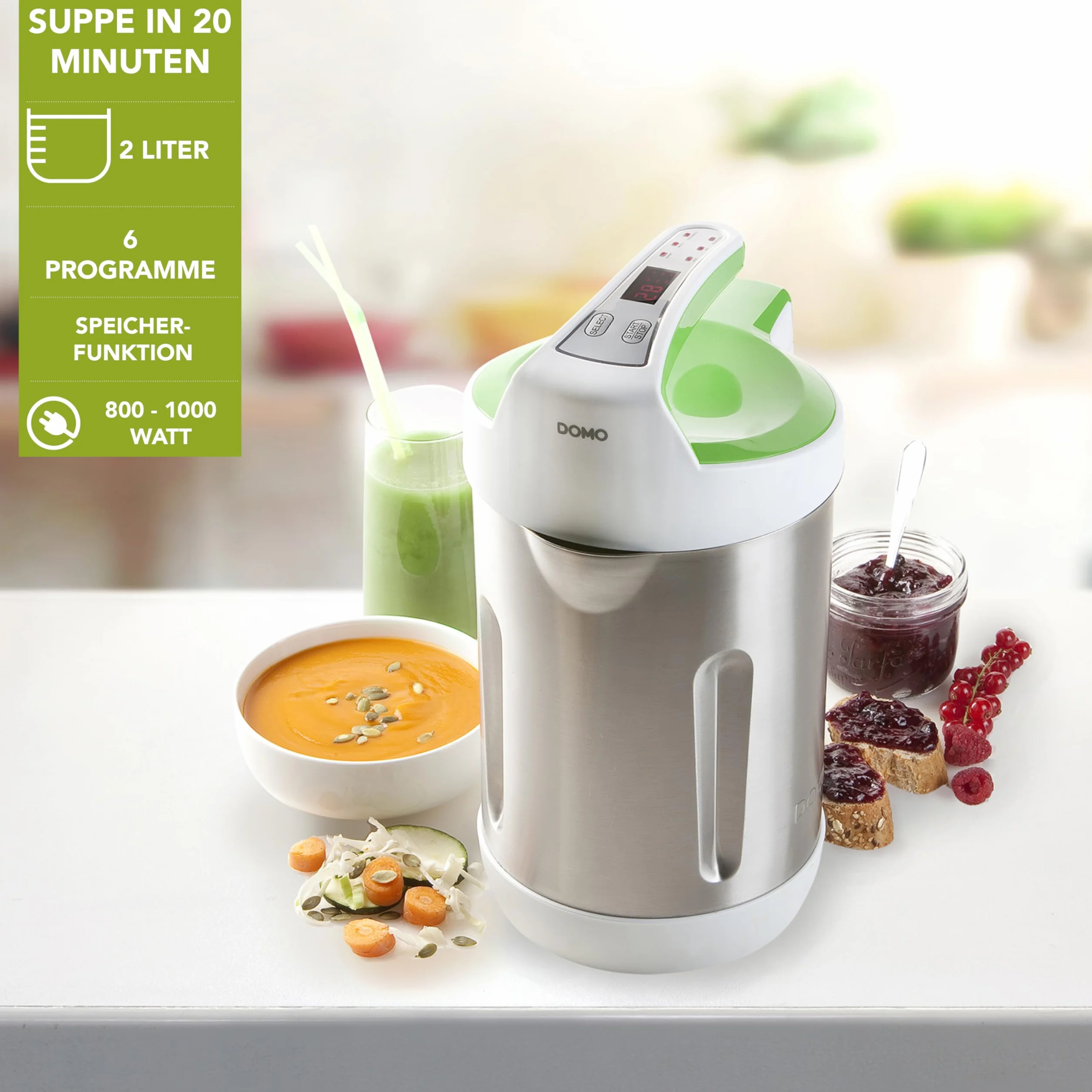 DOMO DO705BL Blender mixeur - Soupe maker avec 6 programmes - Extra smooth, Chunky, Juice, Jam et Clean - LED - 2L