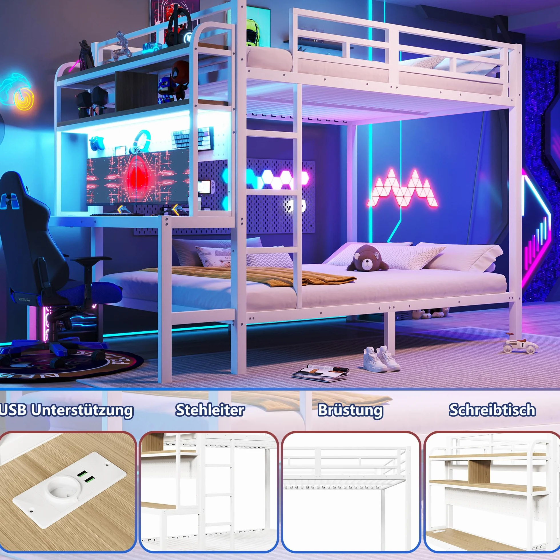 Zepneiy Lit Enfant avec Barre Lumineuse LED et Port USB, Lit Superposé Enfant 140x200 avec échelle de sécurité et Compartiment de Rangement, Cadre de en Fer Blanc(sans Matelas)