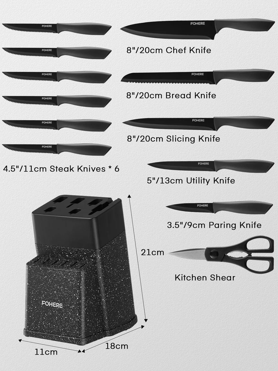 FOHERE Bloc de Couteaux,13 Pièces, Couteau Cuisine avec Affûteur Intégré, Acier Inoxydable, Ensemble de Couteaux avec Poignée en PP, avec Bloc Couteaux en Plastique, Granit Noir
