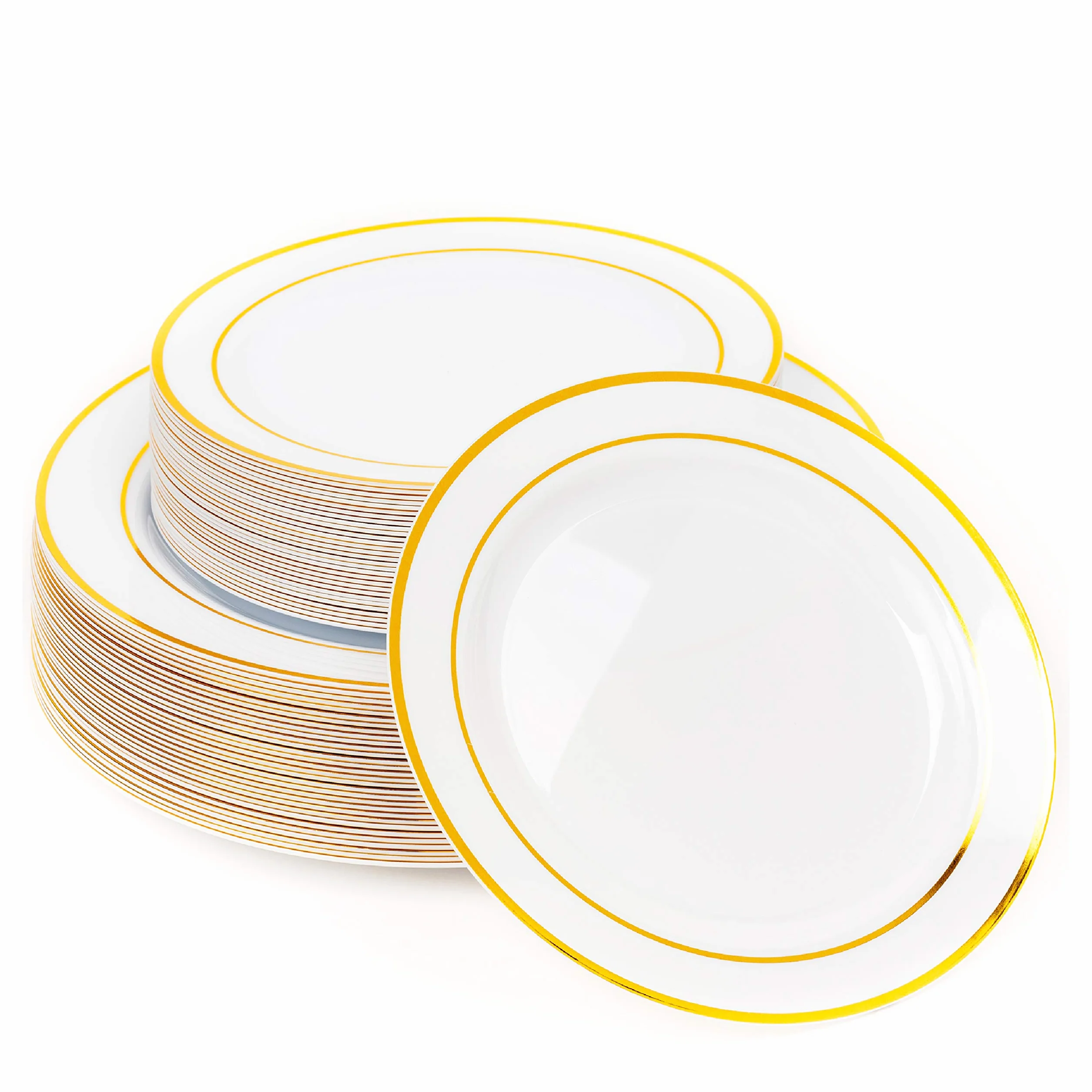 MATANA 60 Assiettes en Plastique Blanc avec Bordure Dorée pour Mariages, Anniversaires, Baptêmes, Noël & Fêtes (2 Tailles, 30 x 26cm, 30 x 19cm) - Solide & Réutilisable