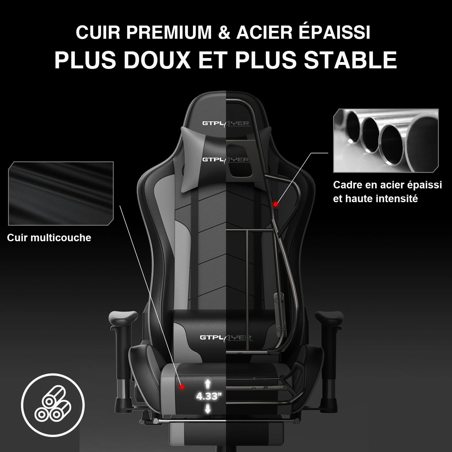 GTPLAYER Chaise Gaming Repose-Pieds Haut-Parleur Bluetooth Fauteuil Gamer Gris Siège Ergonomique (Gris)