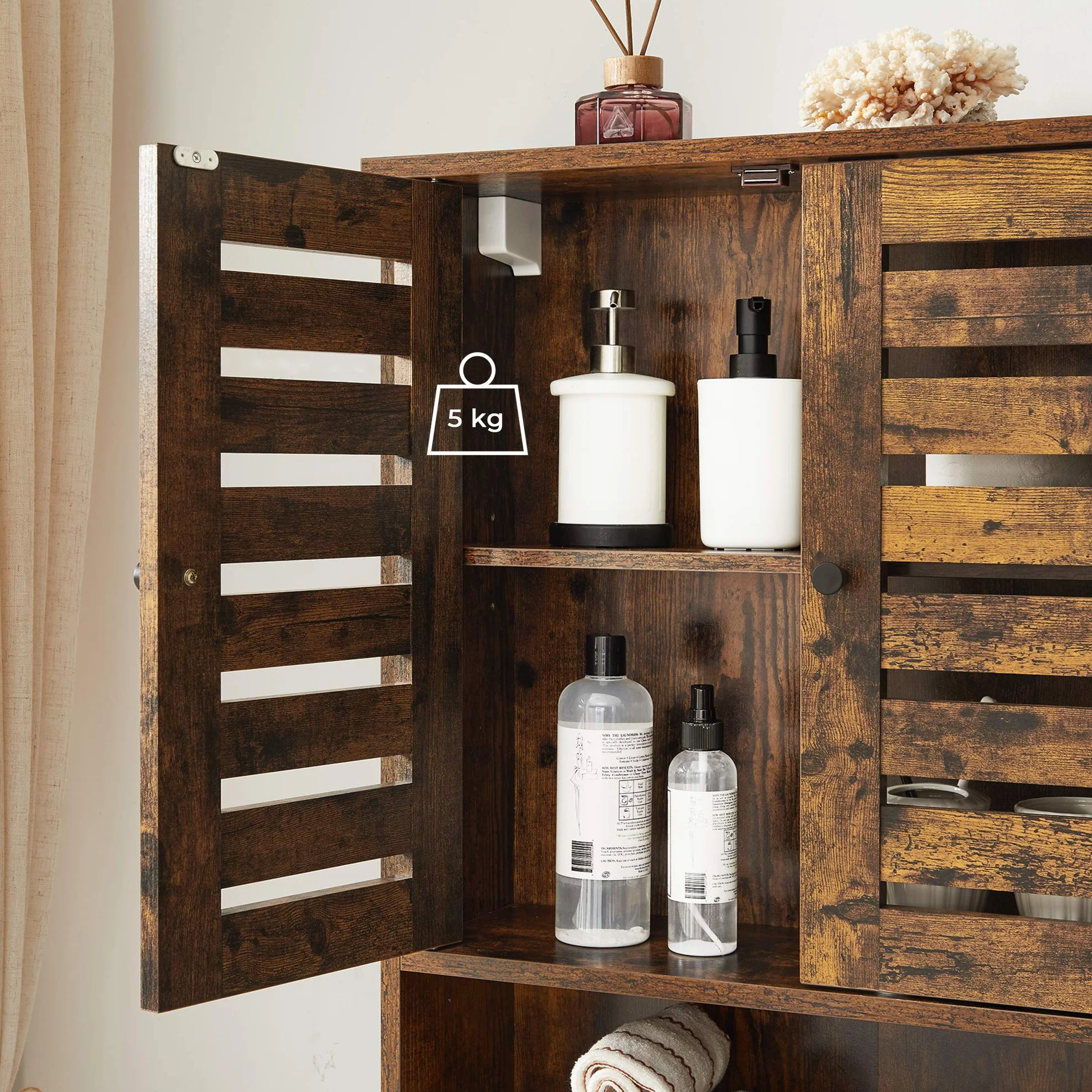 VASAGLE Meuble de Rangement Suspendu pour Salle de Bain, Armoire à Pharmacie, Placard, Compartiment Ouvert, étagère réglable en Hauteur, 60 x 20 x 70 cm, Marron Rustique BBK121X01