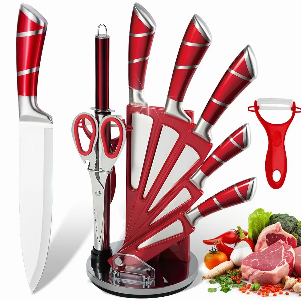 KEPEAK Set de Couteaux de Cuisine 9 Pièces avec Bloc Acrylique Rotatif – Couteaux de Chef Tranchants en Acier Inoxydable avec Fusil à Aiguiser – Pour Couper, Hacher, Émincer – Rouge