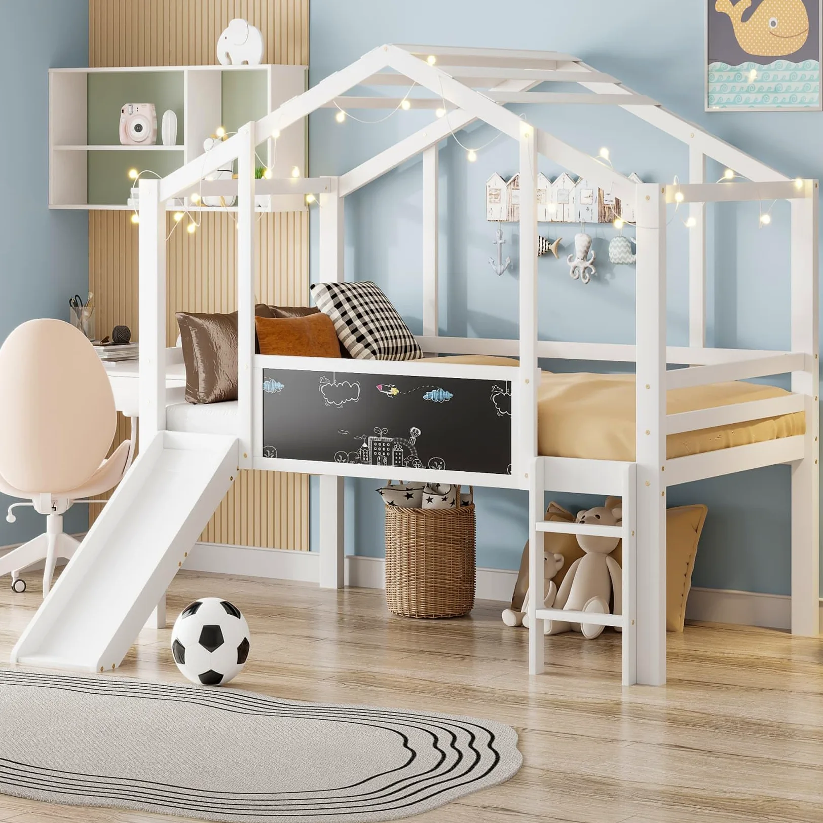 Lit Mezzanine 1 Place 90x200cm,Lit Cabane Enfants avec Toboggan,Tableaux Blancs,Haute Barrière,Sommier à Lattes Solide,Pin,pour Enfants Adolescents,sans LED/Matelas(Blanc)