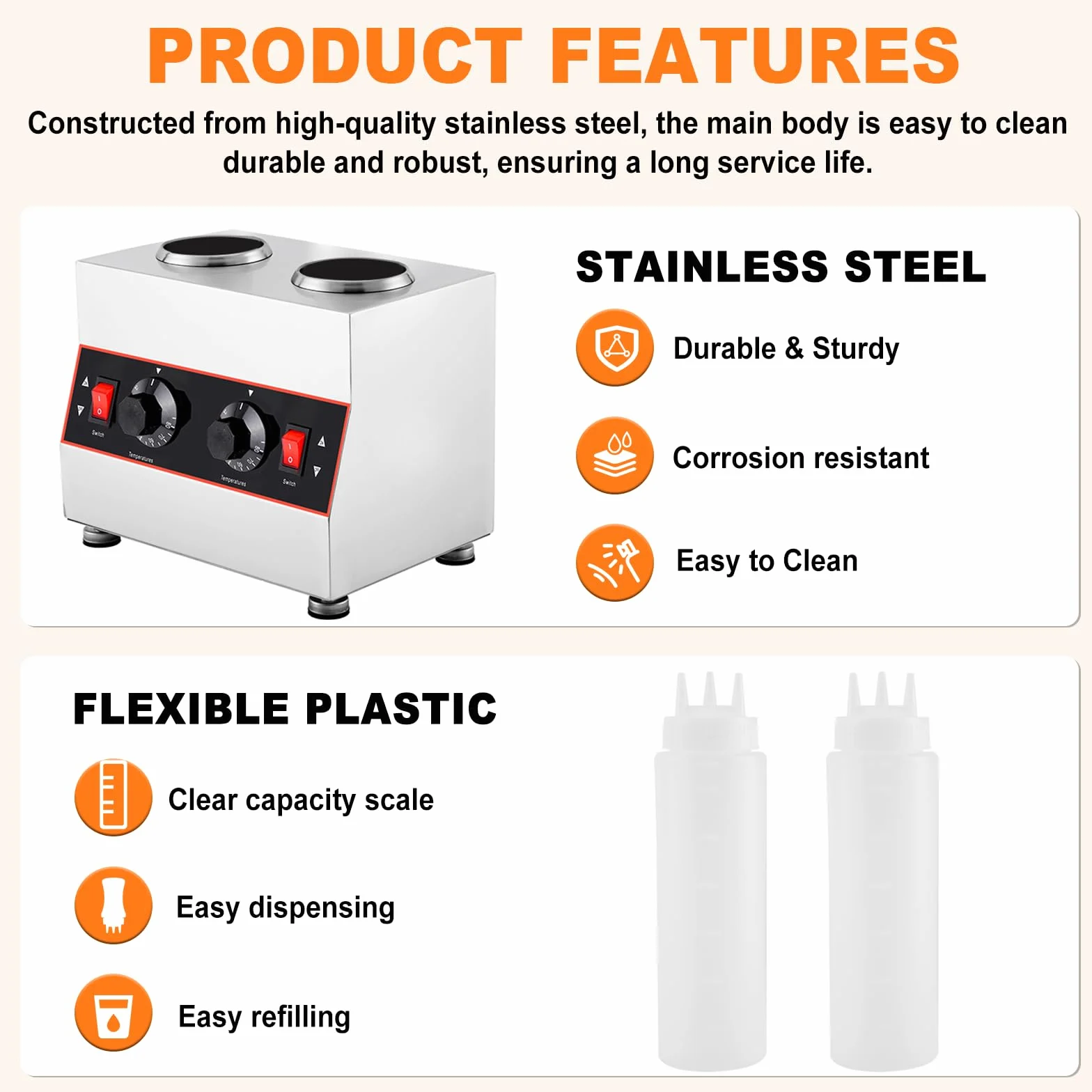 YUCHENGTECH Chauffe-Sauce Électrique, Température Réglable 86-185 ℉,320W | Distributeur Chauffant pour Sauces en Acier Inoxydable avec 2 Bouteillespour Chocolat, Fromage, Ketchup et le Fudge