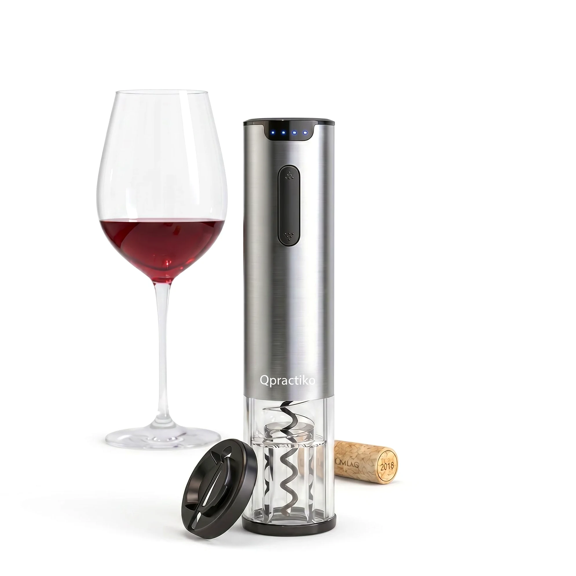 Tire-bouchon électrique rechargeable en acier inoxydable | LED, Chargeur USB, Coupe-capsules inclus, Batterie au lithium, Jusqu'à 70 bouteilles